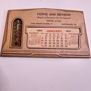 Yoffee and Beitman 1954 Advertising Calendar Thermometer Tan Mid Century Retro